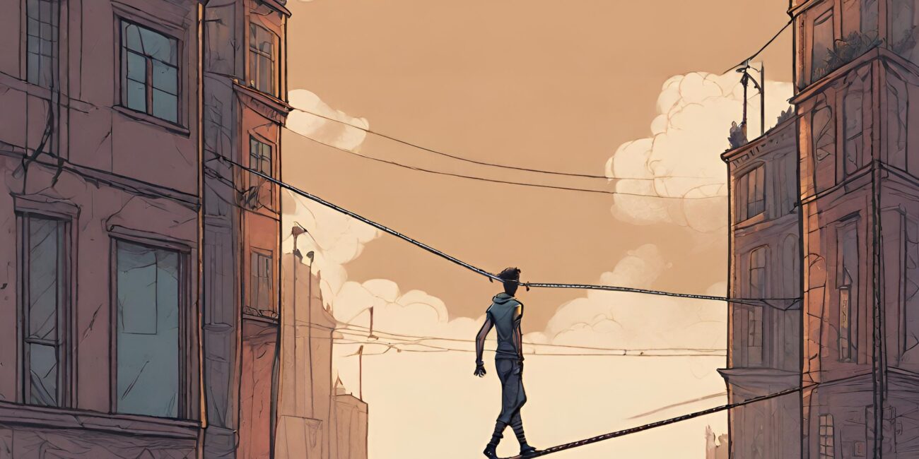 Person walking on a tightrope to exemplify that editing vs rewriting is a balancing act