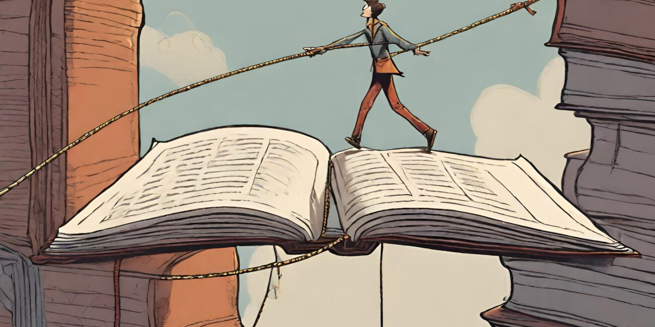 Person walking on a tightrope over a big book to exemplify that editing vs rewriting is a balancing act