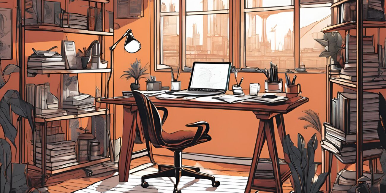 A writer's desk in front of a window