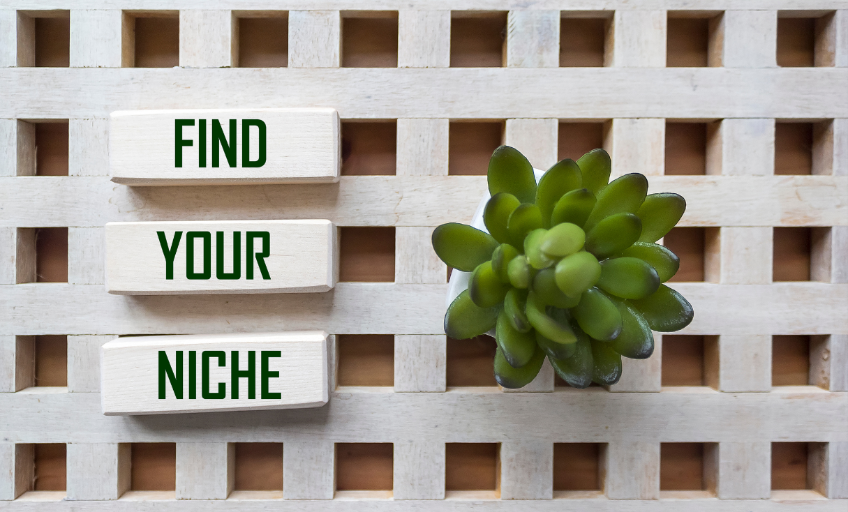 White lattice work in the background with a green succulent and the words 'find your niche' in the foreground